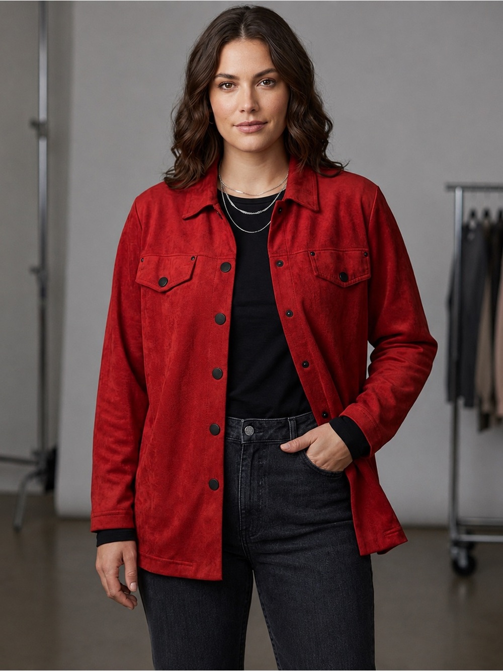 Vintage Gepetto Womens M Red Faux Suede Shirt Jacket Shacket Made USA Western